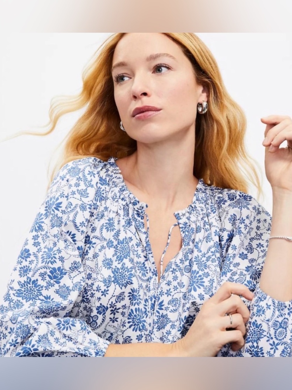 LOFT White and Blue Floral Peasant Blouse